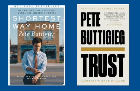 A photo of Pete Buttigieg's books, "Trust" and "Shortest Way Home".